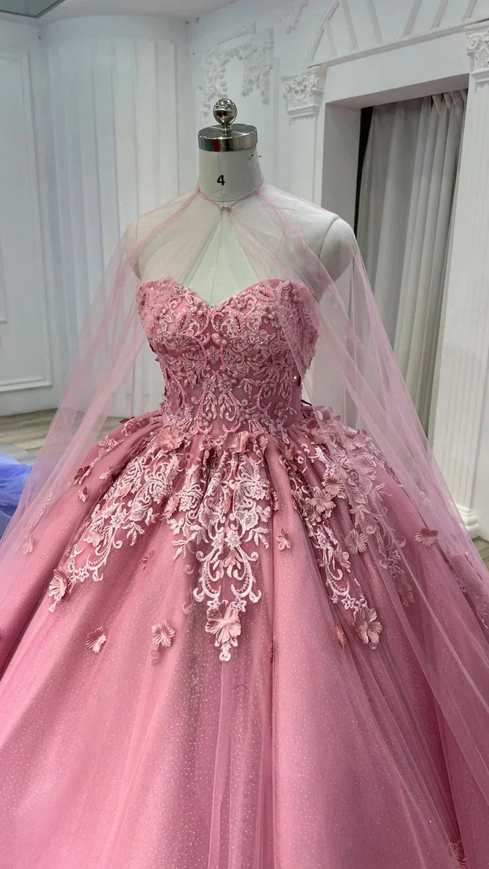 omberprom Sweetheart Tulle Appliques Ball Gowns Quinceanera Dress with Cape Prom Dress Beautiful Wholesale