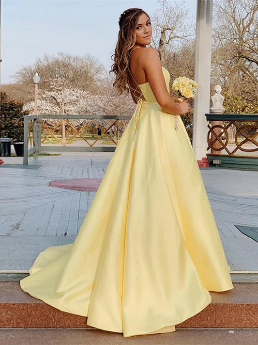 Modest Spaghetti Straps Satin Prom Dresses A-line Rhinestones Formal Dress Sexy Evening Dress