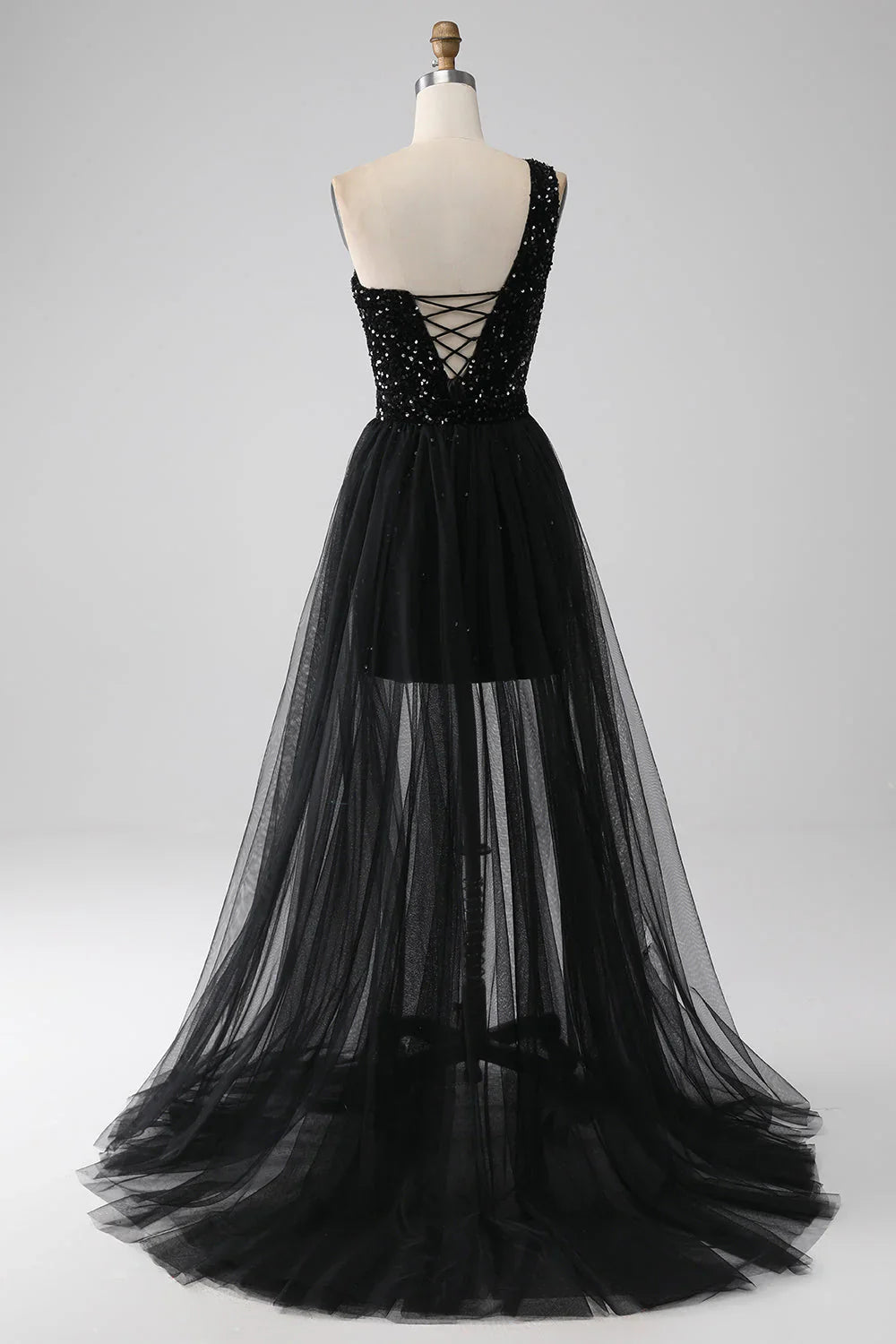 omberprom Sparkly Black A-Line One Shoulder Sequins Long Prom Dress