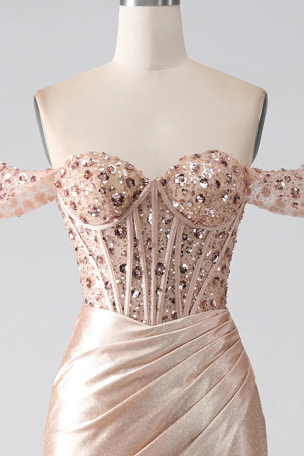 omberprom Champagne Mermaid Evening Dress Off The Shoulder Sequins Corset Prom Dress With Slit