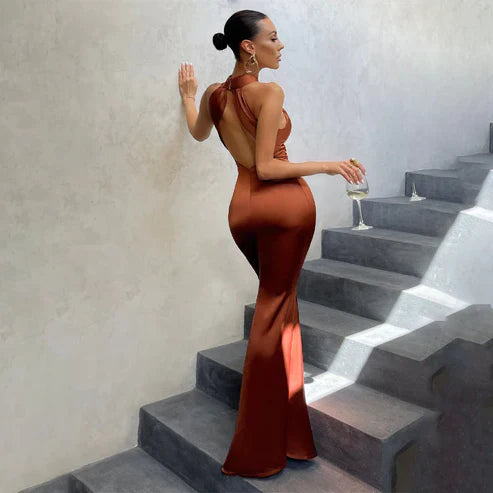 omberprom Sheath Ruched Halter Sleeveless Floor-Length Women's Dresses Evening Party Dress Wholesale