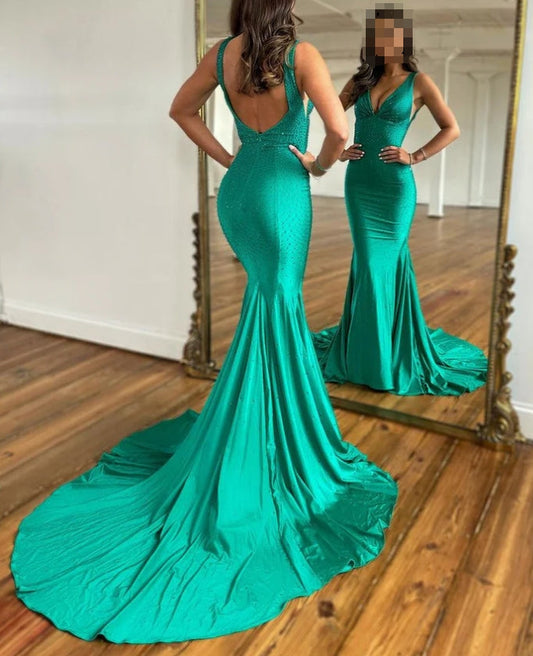 omberprom Green V Neck Backless Beads Mermaid Long Prom Dress Sexy Evening Dress