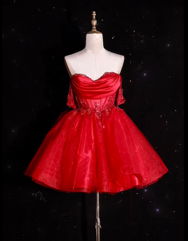 Pretty Off The Shoulder Red Tulle Appliques A Line Homecoming Dress Formal Birthday Outfits Y9134