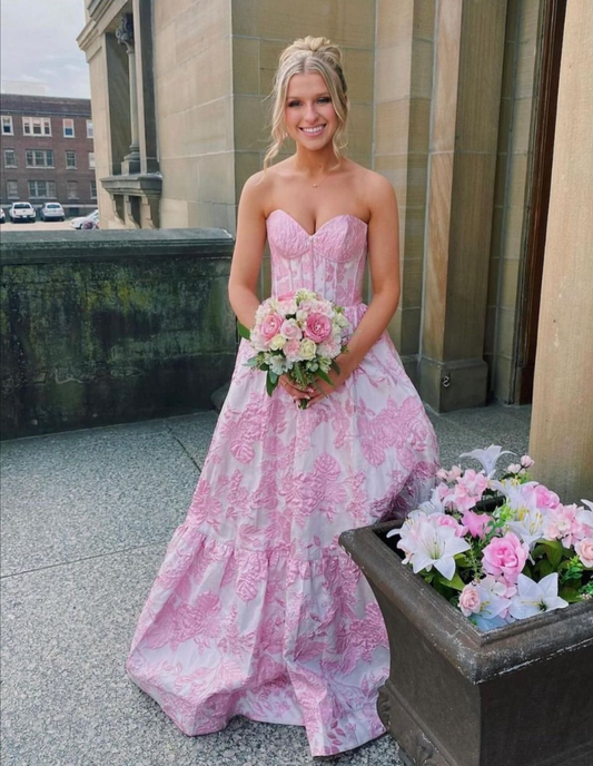 Pretty Strapless Pink Satin Print Floral A Line Long Party Dress Birthday Prom Dresses SP1079