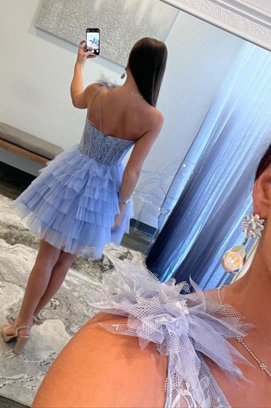 Lavender A-Line One Shoulder Homecoming Dress with Short Tiered Tulle Skirt