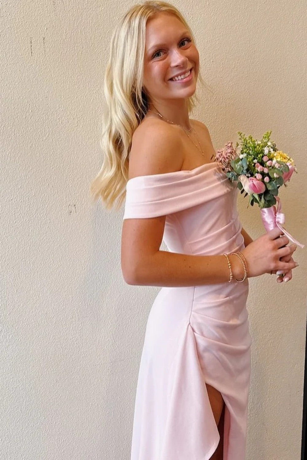 Light Pink Off Shoulder Mermaid Prom Dress with Ruffle Side High Slit