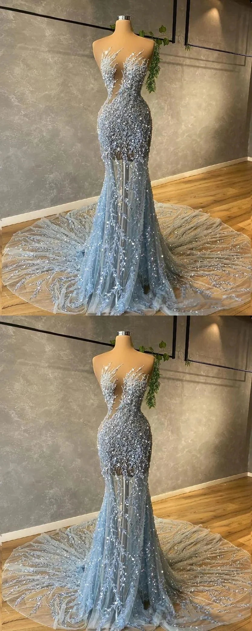 Light Blue Mermaid Sequin Party Dresses Sexy Prom Dress,AST2287