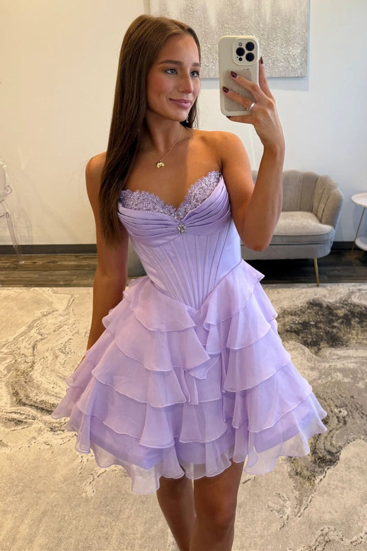 Lovely A-Line Corset Homecoming Dress with Lace Trim and Tiered Ruffle Skirt