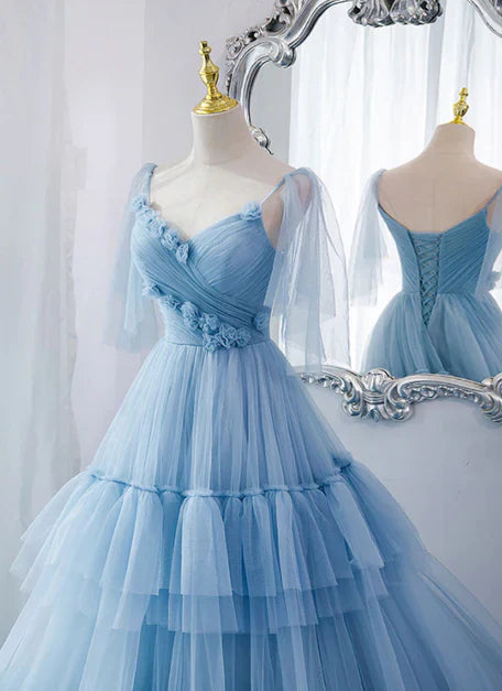 omberprom Lovely Blue Tulle with Straps Layers Long Formal Dresses Evening Gown Party Dress Prom Dress Wholesale