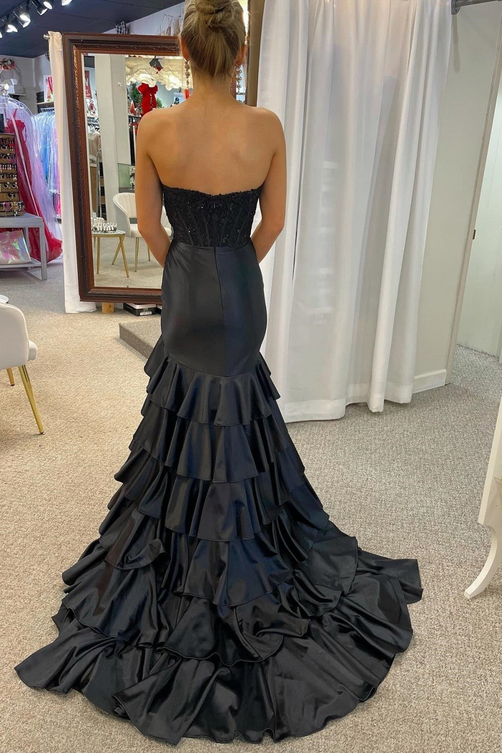 Lovely Mermaid Strapless Lace Top Long Ruffle Satin Prom Dress with Slit