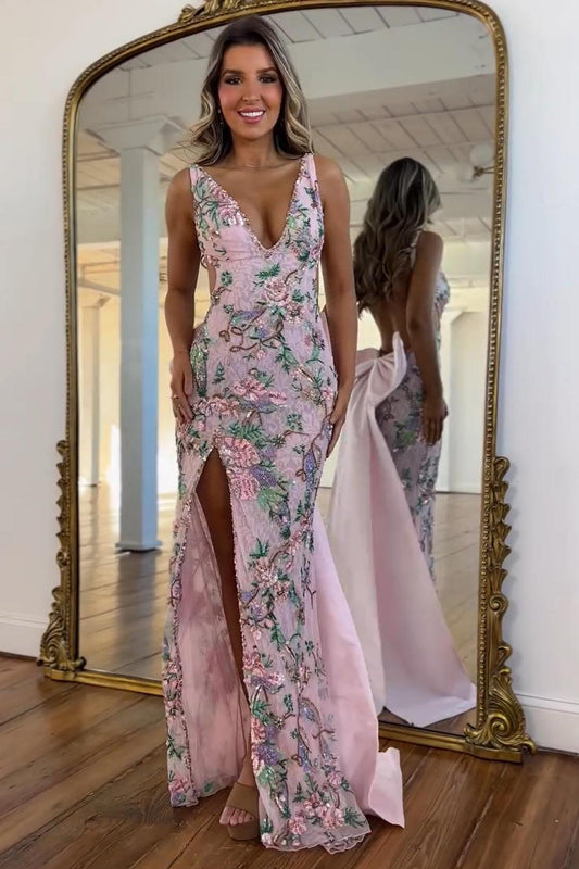 Luxury Blush Floral Sequin Evening Dress with High Slit and Big Bow Back