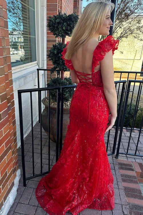 omberprom Red Evening Dress Appliques Sweetheart Flutter Sleeve Mermaid Long Prom Dress