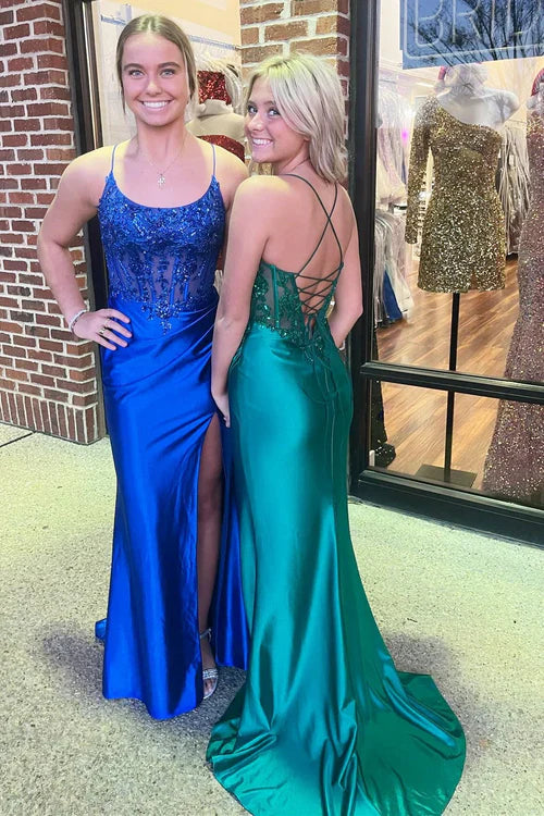 omberprom Royal Blue Appliques Scoop Neck Mermaid Evening Dress Long Formal Dress