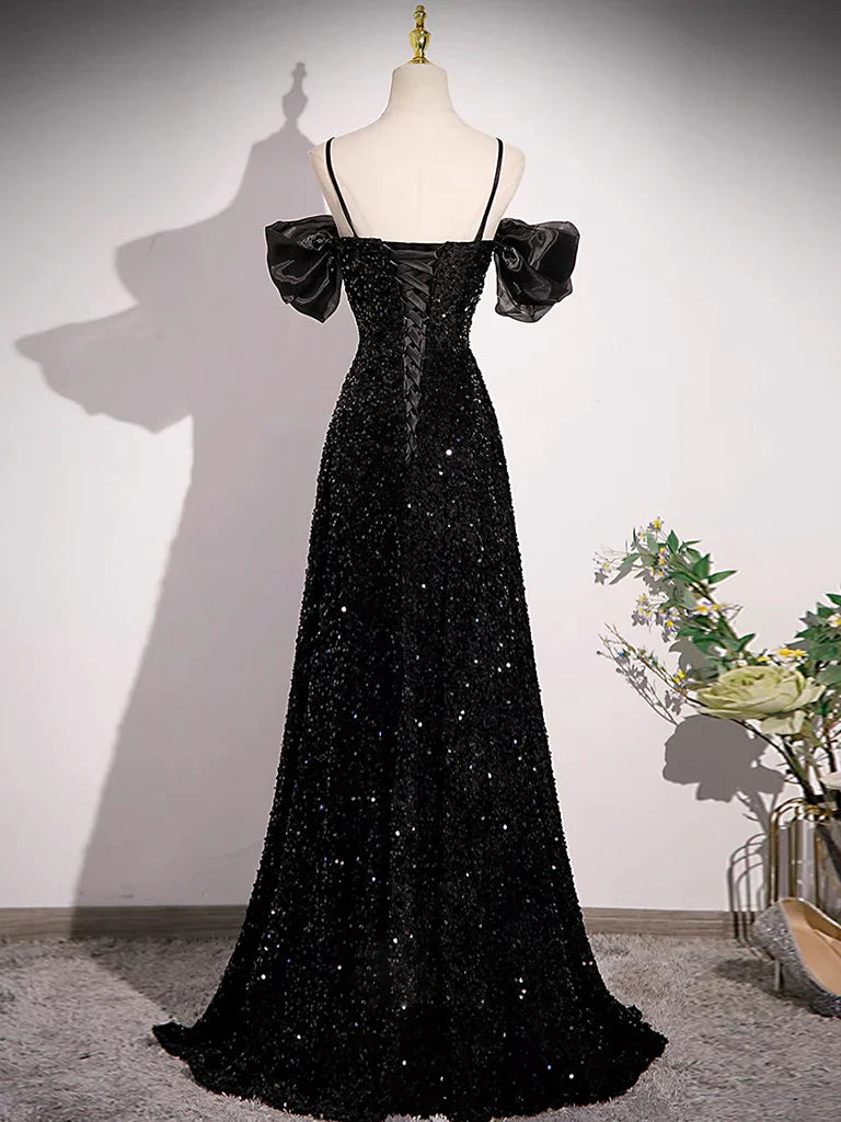 A-line Off Shoulder Velvet Sequin Long Prom Dress, Black Long Formal Dress TP27