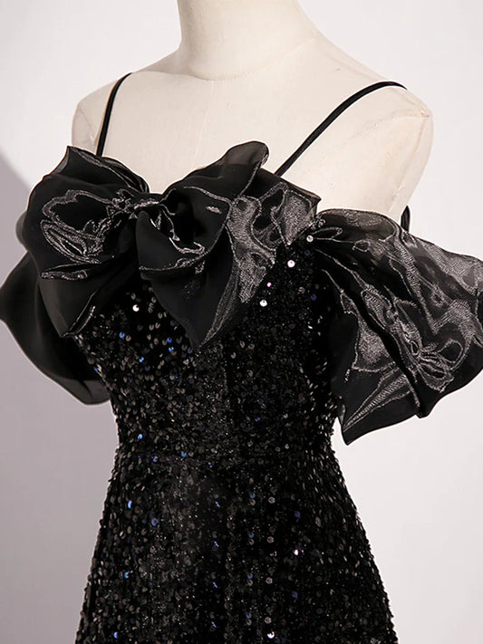 A-line Off Shoulder Velvet Sequin Long Prom Dress, Black Long Formal Dress TP27