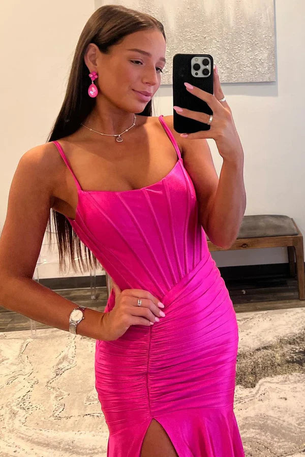 omberprom Elegant Mermaid Evening Dress Scoop Neck Satin Prom Dress with Slit