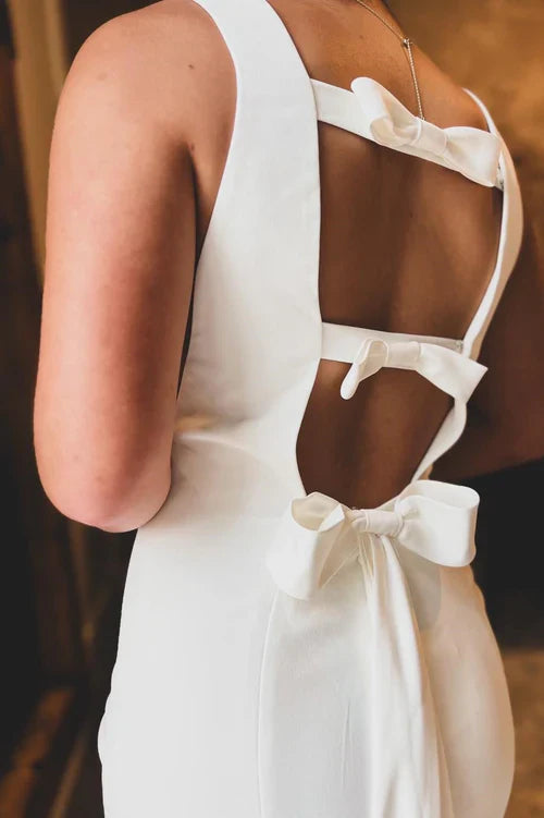 omberprom Elegant Satin Bateau Open Back Mermaid Long Wedding Dress
