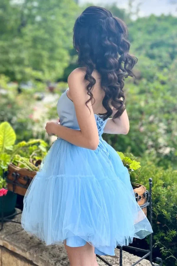 Fashion Light Blue Lace-Up Design A-line Tulle Short Homecoming Dress TP3568