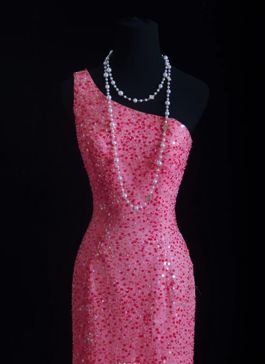 Gorgeous Pink One Shoulder Sequin Beaded Slit Mermaid Long Party Dress Evening Gown