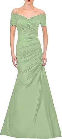 omberprom Mermaid Mother of The Bride Dress Wedding Guest Elegant Vintage Off Shoulder V Neck Satin with Lace Ruched
