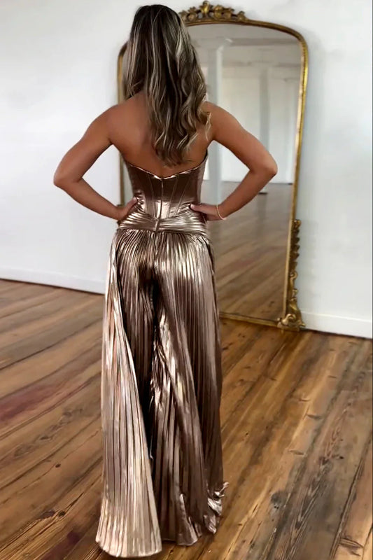 Metallic Sweetheart Neckline Pleated Jumpsuit with Zipper Back for Prom