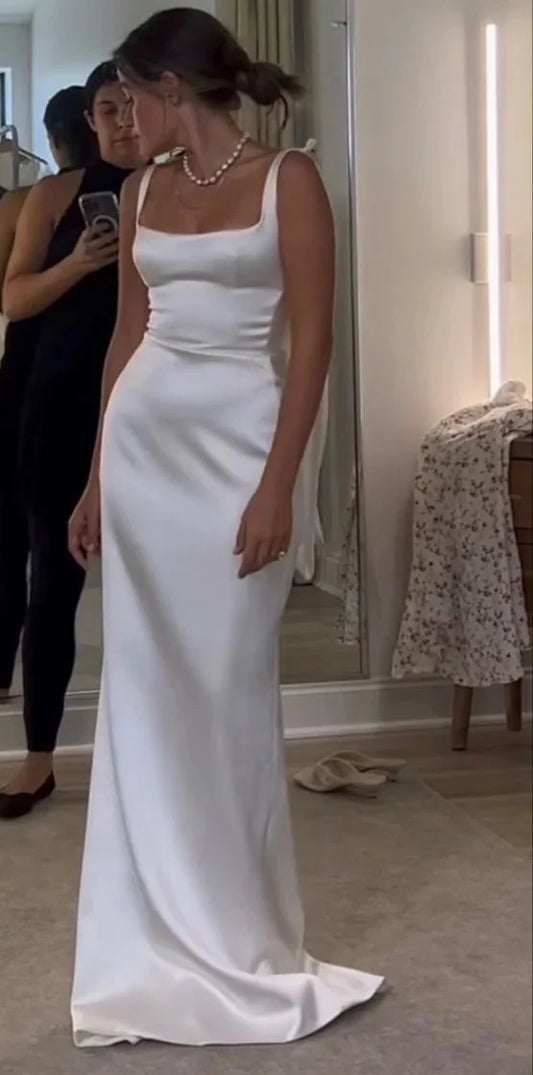 omberprom Modern Sheath Straps Backless Long Wedding Dress Simple Party Dress Elegant Formal Bridal Gown