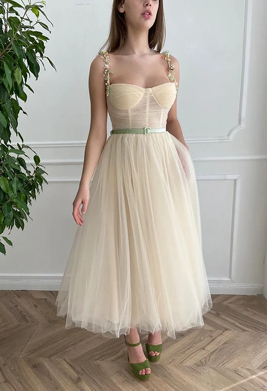 Beige Fairy Tulle Prom Dress Beads Straps Fairy Prom Gown, Handmade Tea-length A-Line Tulle Ball Gown Wedding Dress c2752