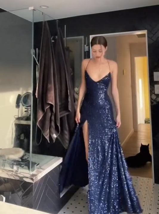 Navy Blue Sequin Criss Cross Back Long Prom Dress With Side Slit, AST913