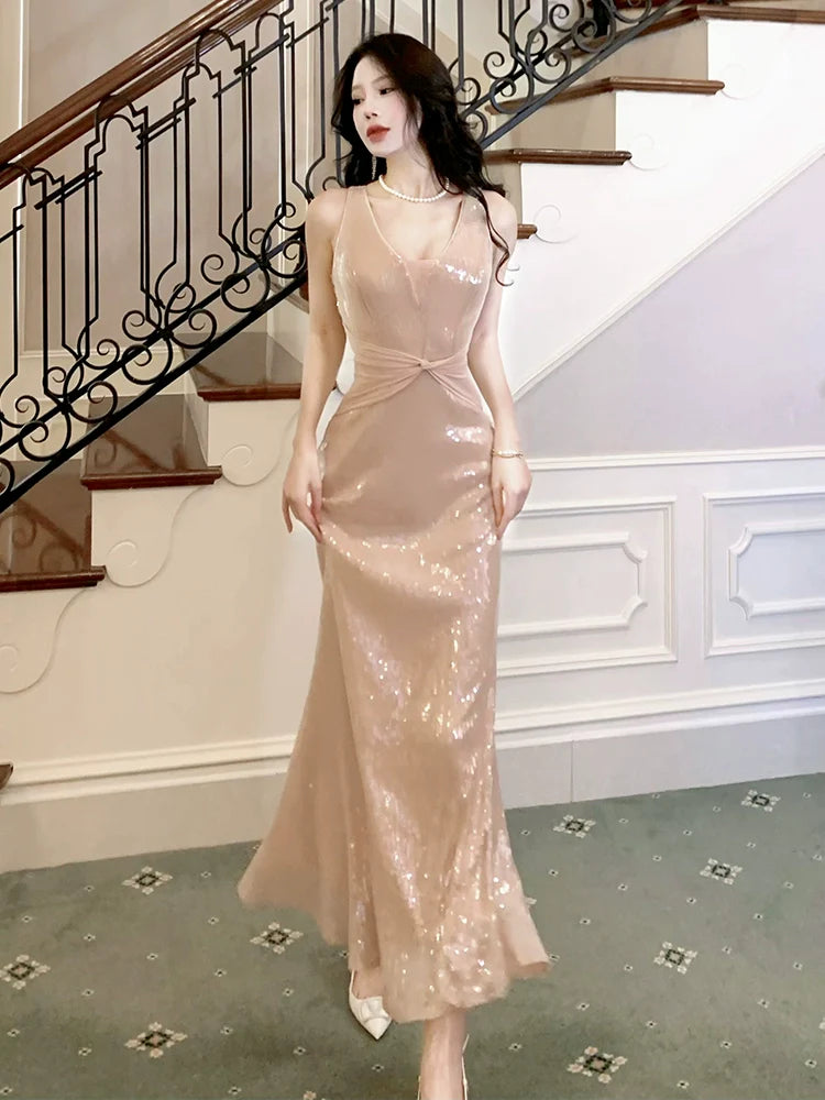 sequined dress V-neck long party dress S6031