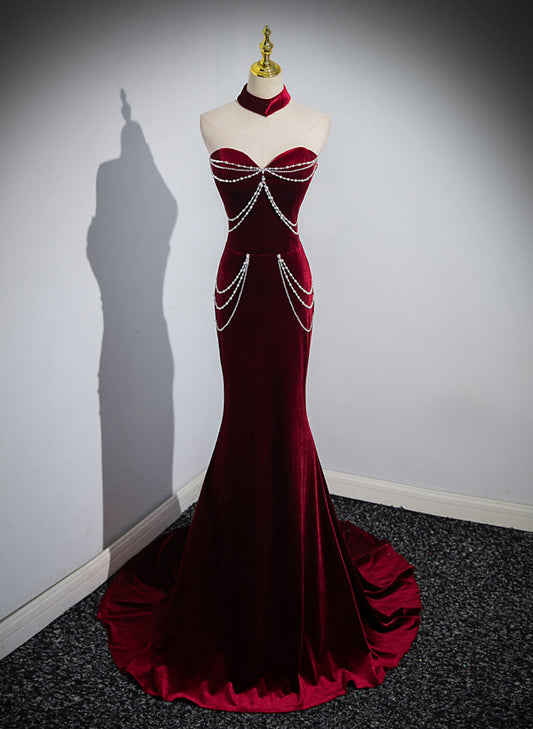 Off Shoulder Wine Red Mermaid Long Party Dress, Wine Red Velvet Prom Dress