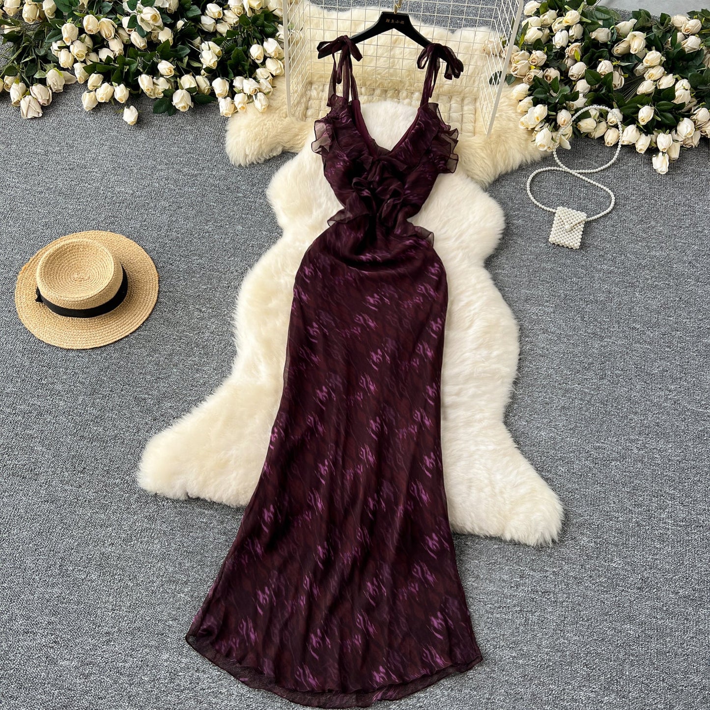 Elegant dress design V-neck ruffled halter neck tie waist slimming printed chiffon dress R2284