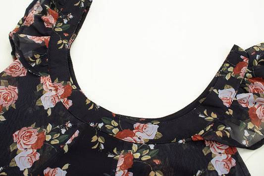 Black small flying sleeve slim floral long skirt 2025 new holiday style French retro dress R0048