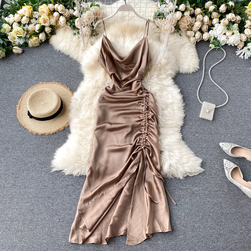Sexy Spaghetti Straps Backless Silk Satin Dress Women Summer Holiday Dress P158