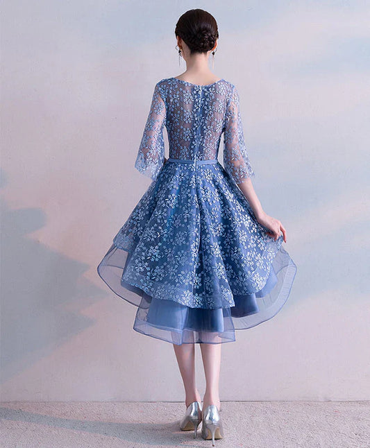 Blue V Neck Lace Short Prom Dress, Blue Lace Homecoming Dress S3334