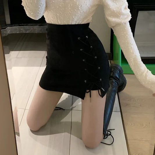 Black cross-tie irregular high-waist skirt S2817