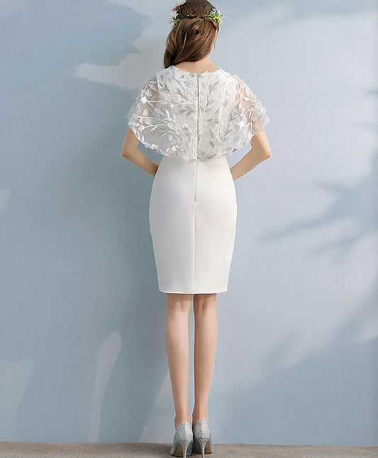 Simple White Lace Mermaid Short Prom Dress, White Evening Dress S3323