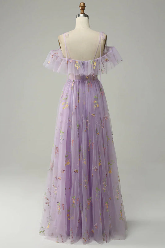 Lilac Off-the-Shoulder Embroidery Ruffled Long Prom Dress with Slit S2613