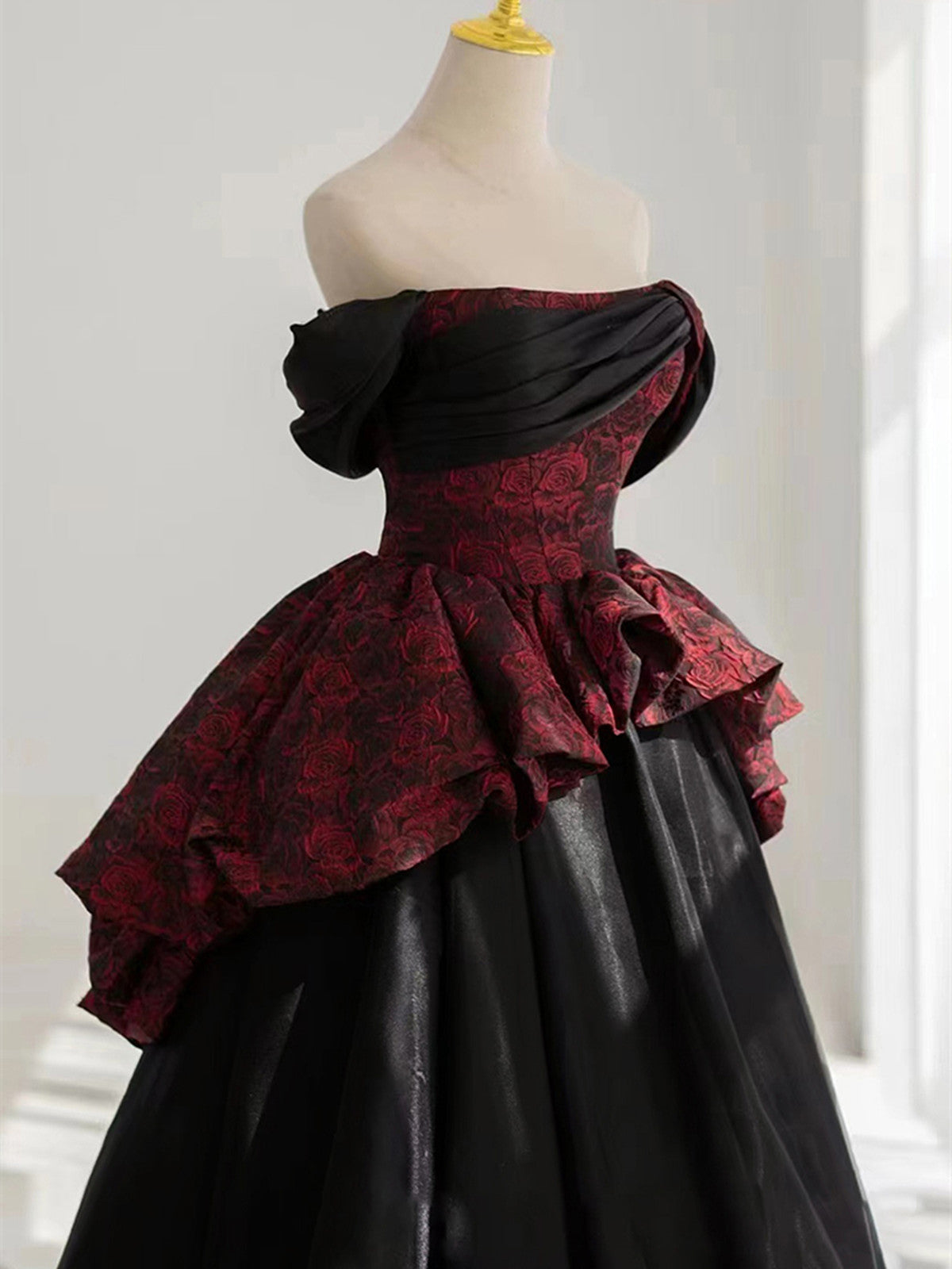 Black and Red Scoop Strapless Long Party Dress, A-line Satin Black Prom Dress