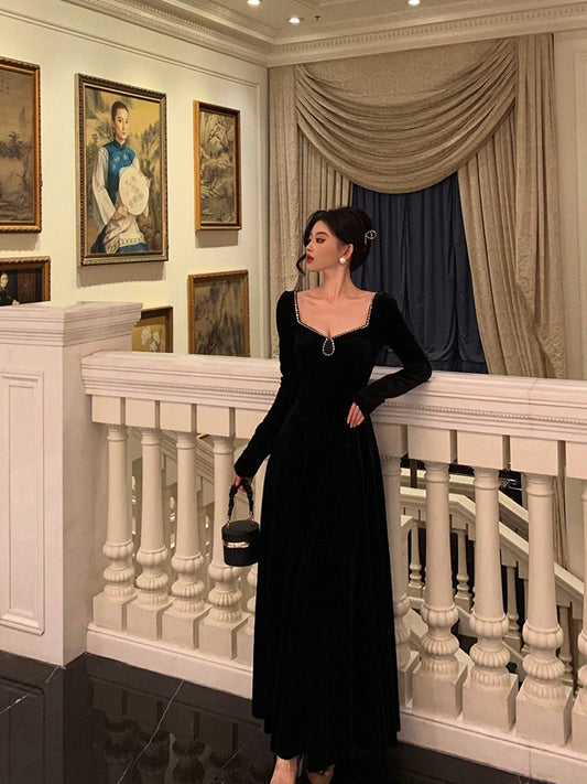 Black velvet dress for women A-line party dress S5546