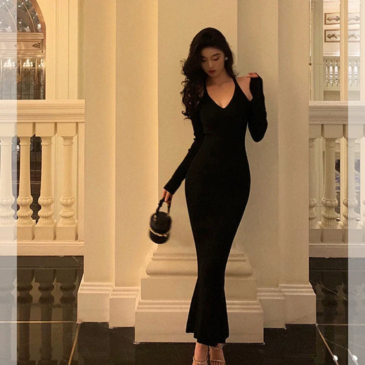 Black off-the-shoulder knitted dress for women party dress S5518