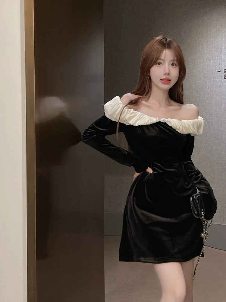 Birthday party dress off-shoulder long-sleeved black velvet dress S5773