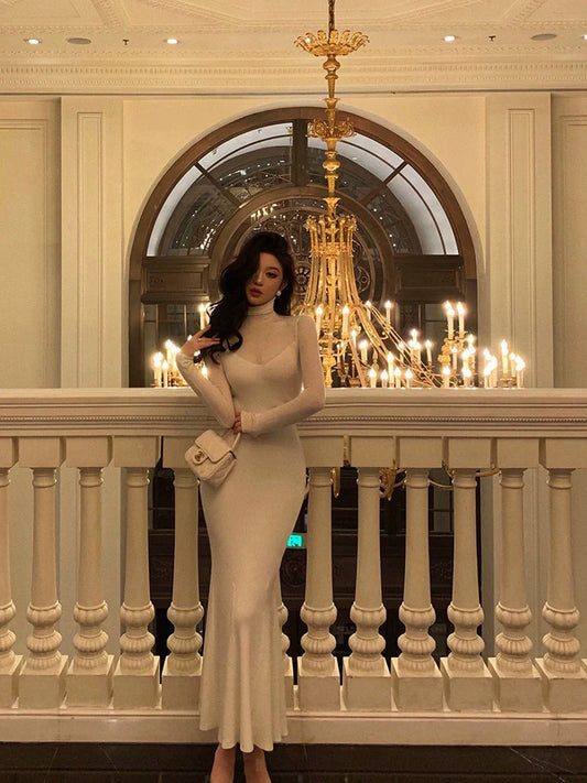 Gentle high-neck knitted dress for women new French mermaid long dress S5541