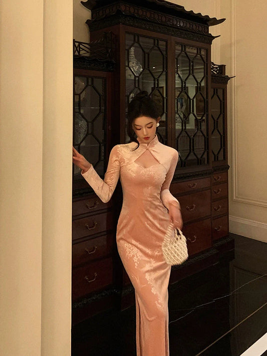 velvet cheongsam dress pink mermaid dress S5552