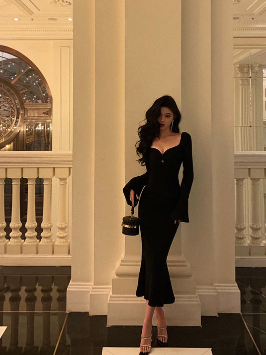 Black mermaid knitted dress women evening party dress S5510