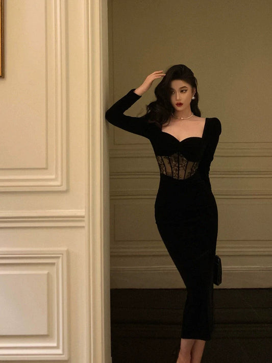Sexy square neck velvet dress for women new style lace splicing black dress S5554