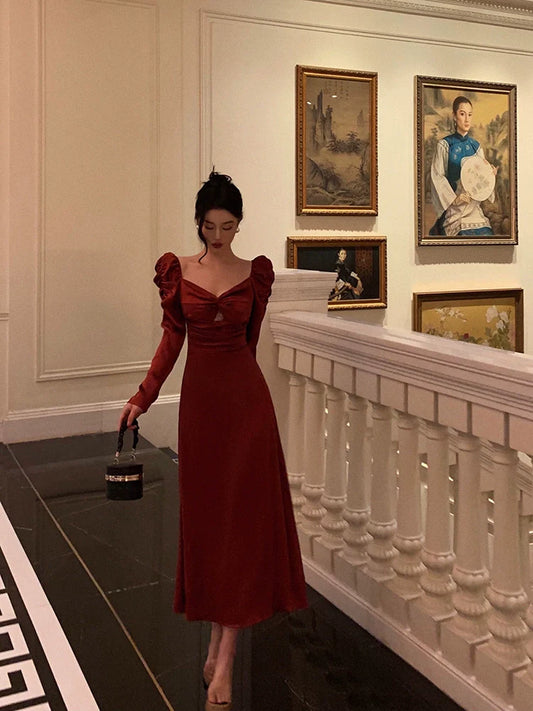 Red long-sleeved satin dress sexy party dress S5513