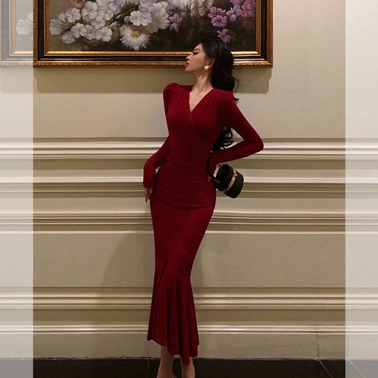 Red V-neck mermaid dress for women new style long party dress S5583