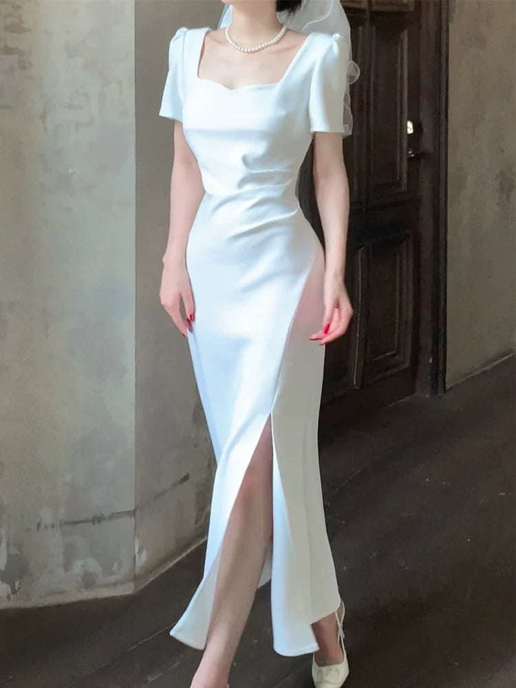 Short-sleeved square-neck dress Summer long engagement dress S5969