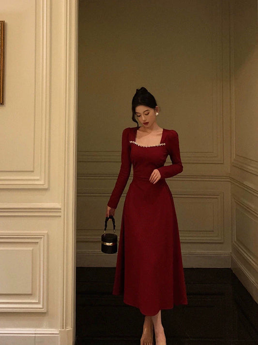 red square neck dress new retro long dress S5557