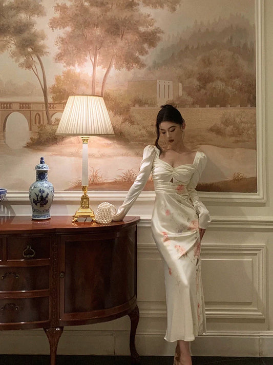 Square neck satin dress new design long sleeve party dress S5576